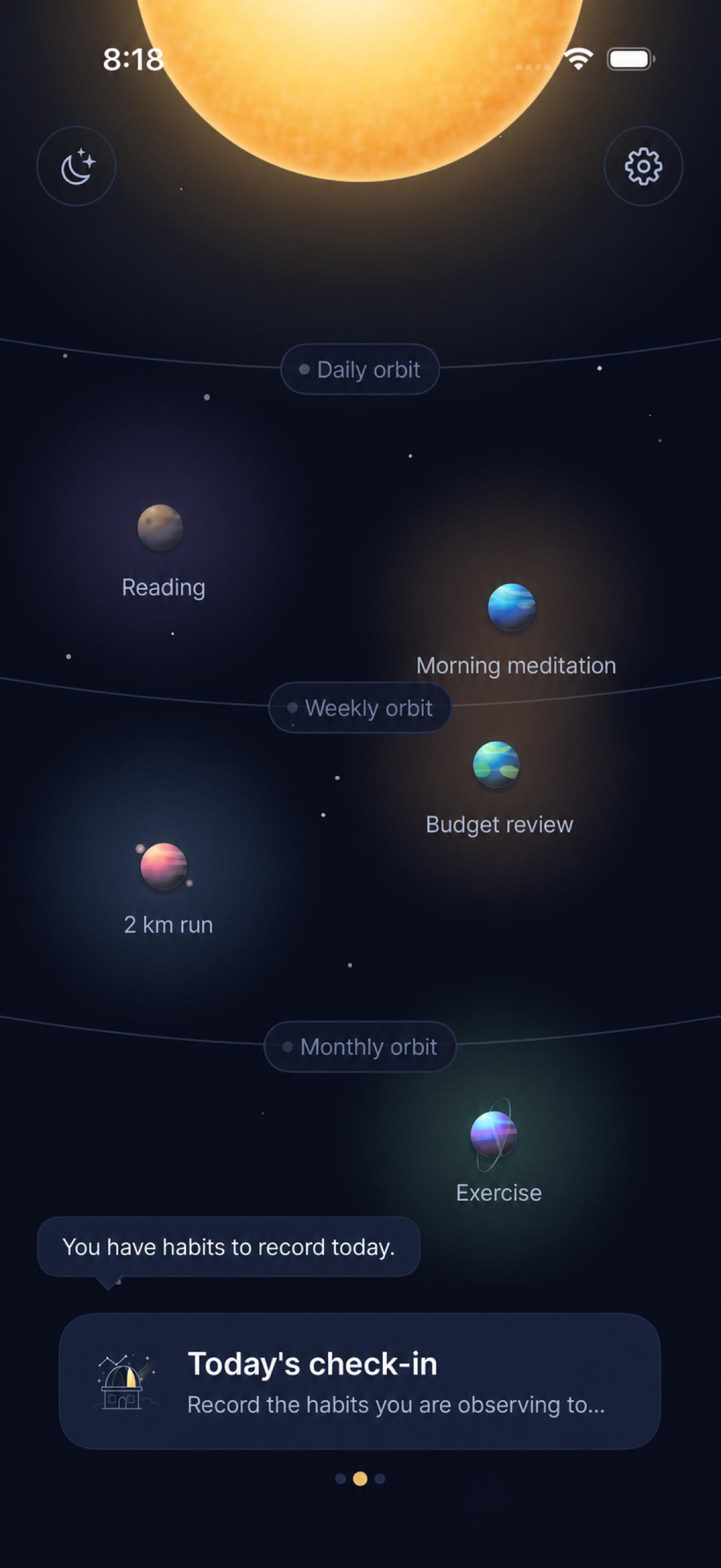 Lumora home screen with five habit planets across daily, weekly, and monthly orbits